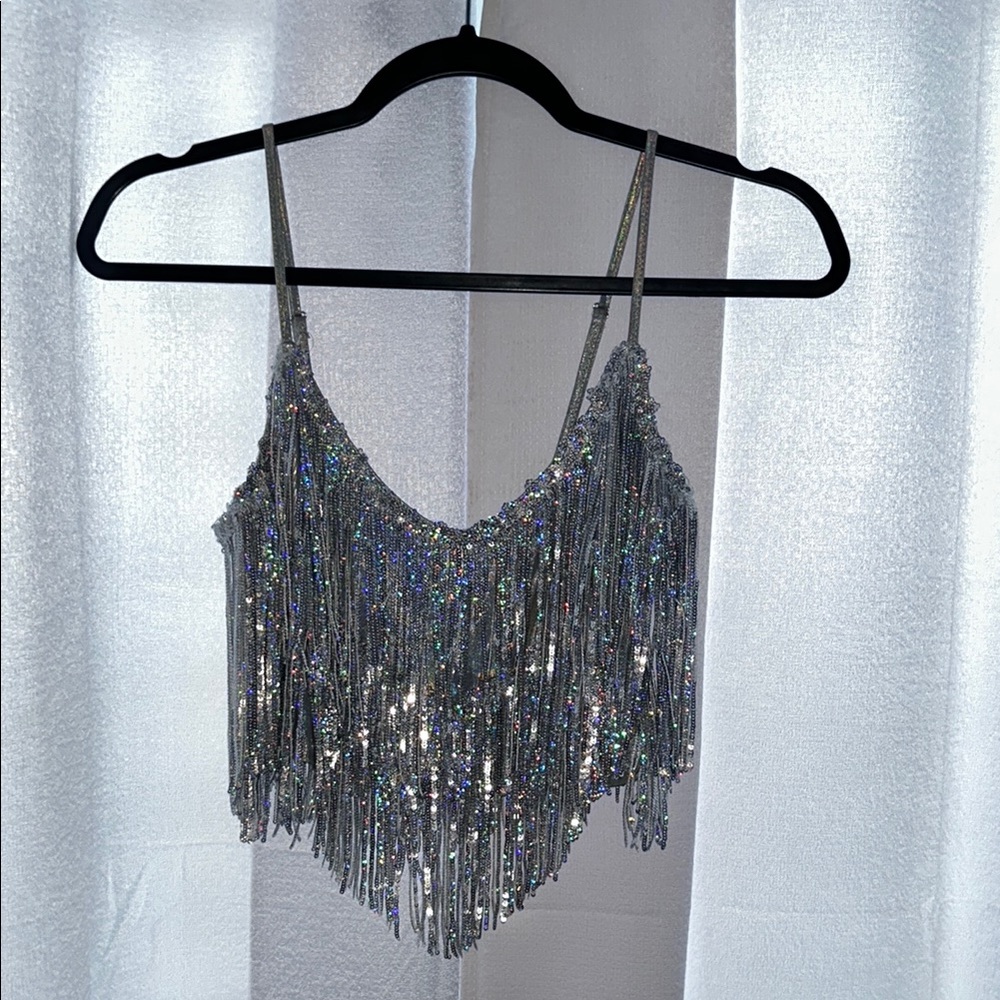 Silver Sequin Fringe Top